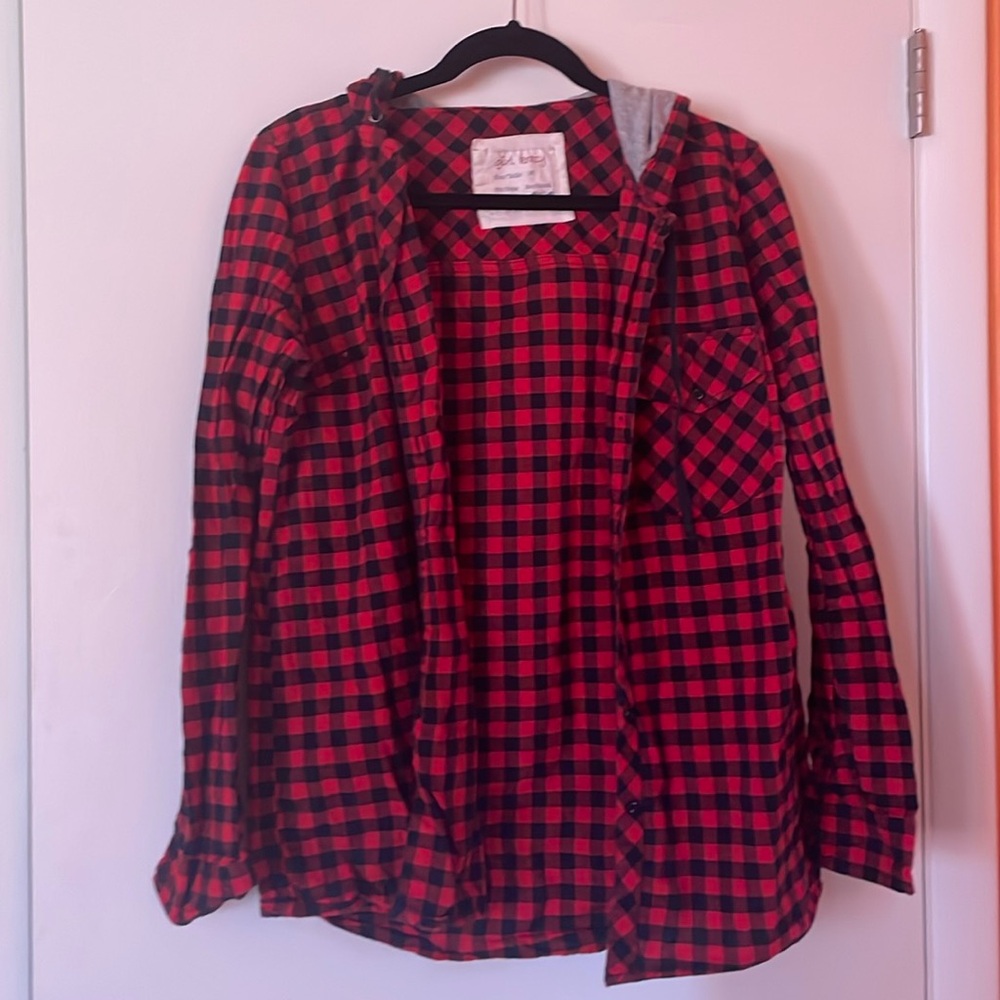 Buffalo plaid, long sleeve hooded tee, M